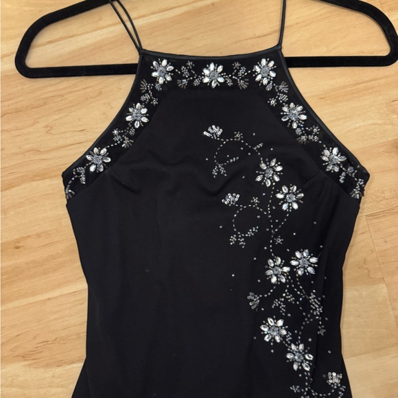 90s Black Evening Prom Dress High Neck Backless Strappy Beaded Size 4 Free Bag - Picture 2 of 12
